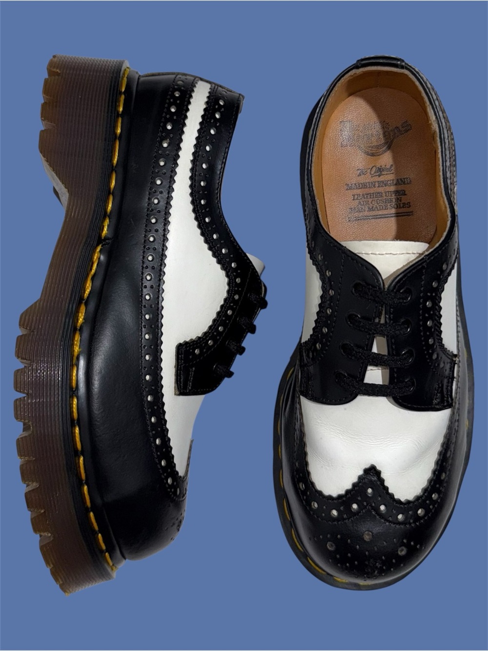 Vintage Dr. Martens Black White Steel Toe Wingtip Two Tone Brogues Oxfords UK 4